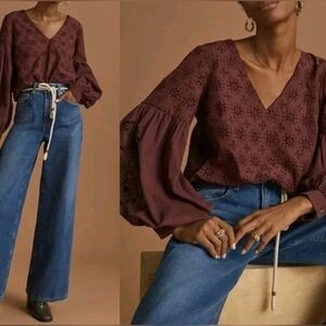 Anthropologie Top Rasberry Eyelet Embroidered Long Balloon Sleeve Size M